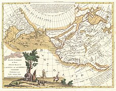 1776 map of the North Pacific coast, particularly of North America. Note the erroneous presence of a Chinese colony "Fou-Sang", and the rumoured Strait of Anián.