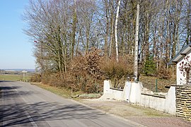 Monticule boisé en bordure d'une route et d'une maison.