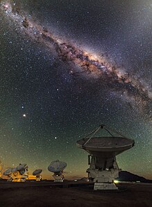 The bright center of the Milky Way Galaxy is visible in dark skies on clear nights, in the direction of the constellation Sagittarius. ALMA and the centre of the Milky Way.jpg