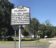 Highway marker in Afton commemorating the 1982 North Carolina PCB landfill protests Afton, North Carolina 01.jpg