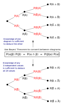 Illustration of frequentist interpretation with tree diagrams Bayes theorem tree diagrams.svg