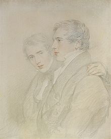 Mainly charcoal drawing, with some colour, of two young men; a little more than head and shoulders; the one on the left faces towards the viewer; the one on the right faces left. Both are clean shaven and wear what looks like great coats.