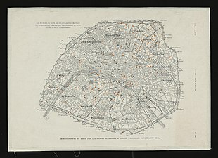 Plan de Paris, montrant les points d'impacts des obus tirés par les canons allemands à longue portée (23 mars-9 août 1918).