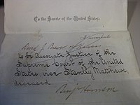 Piece of paper reading "To the Senate of the United States: I nominate David J. Brewer of Kansas to be Associate Justice of the Supreme Court of the United States, vice Stanley Matthews, deceased." and signed by Benjamin Harrison
