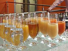 A selection of beverages at a buffet in Bratislava, Slovakia