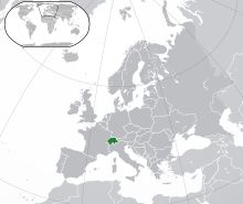 Location of Modern history of Switzerland (green)in Europe (green and dark grey)
