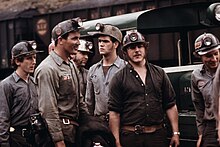 Miners waiting to go to work on the 4 P.M. to midnight shift at the Virginia-Pocahontas Coal Co., 1974 GROUP OF MINERS WAITING TO GO TO WORK ON THE 4 P.M. TO MIDNIGHT SHIFT AT THE VIRGINIA-POCAHONTAS COAL COMPANY MINE ^4... - NARA - 556348.jpg