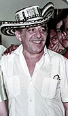 Gabriel García Márquez wearing a "sombrero vueltiao" hat.