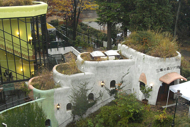 Exterior top view of Studio Ghibli, showing the rooftop garden designed by the brother of Hayao Miyazaki.