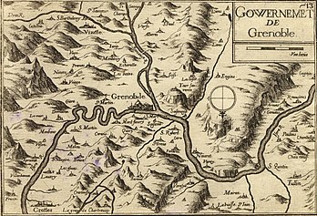 Vielye mapa de la règion de Grenoblo (Dârfénât) vers 1638. (veré dèfenicion 1 812 × 1 232*)