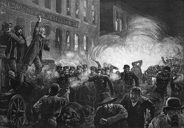 This 1886 engraving was the most widely reproduced image of the Haymarket Affair. It inaccurately shows Fielden speaking, the bomb exploding, and the rioting beginning simultaneously