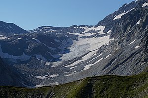 Der Gletscher im Sommer 2013 von Norden (Alp Lavaz) mit den Hängen des Fil Liung rechts