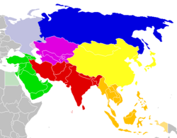 The UN Statistics Division for Asia are based on convenience rather than implying any assumption regarding political or other affiliation of countries or territories:
.mw-parser-output .legend{page-break-inside:avoid;break-inside:avoid-column}.mw-parser-output .legend-color{display:inline-block;min-width:1.25em;height:1.25em;line-height:1.25;margin:1px 0;text-align:center;border:1px solid black;background-color:transparent;color:black}.mw-parser-output .legend-text{}
Central Asia
Eastern Asia
Northern Asia
South-eastern Asia
Southern Asia
Western Asia Location-Asia-UNsubregions.png