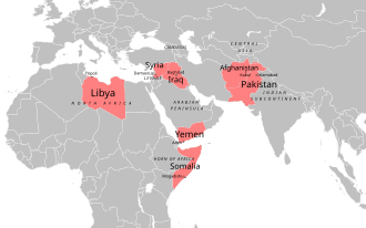 Countries with major military operations throughout the war on terror launched by Bush, including those launched after his presidency Major military operations of the War on Terror.svg