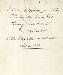 Manuscrito de Perú (F. Gil de Lemos).Portada.