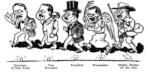 1910 cartoon showing Roosevelt's many roles from 1899 to 1910 Many Roles of Theodore Roosevelt.JPG