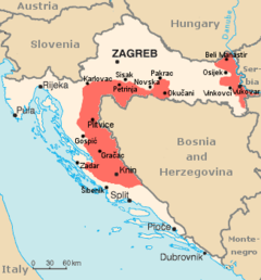 Serbiska republiken Krajinas största utbredning (i rött).