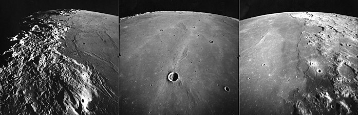 Τρεις απόψεις της Θάλασσας της Ηρεμίας, τις οποίες έλαβε η κάμερα χαρτογράφησης της αποστολής Apollo 17 το 1972, κοιτώντας προς τα βόρεια-βορειοανατολικά από ένα μέσο υψόμετρο 107 χιλιομέτρων. Στα δεξιά βρίσκεται το ανατολικό περιθώριο της Θάλασσας, με τον διαμέτρου 95 χιλιομέτρων κρατήρα Ποσειδώνιο στον κεντρικό ορίζοντα, τον πλημμυρισμένο με βασάλτη κρατήρα Λε Μονιέ στα νότια, την κορυφογραμμή Dorsa Aldrovandi στο κέντρο, τον κρατήρα Littrow στα δεξιά, και την περιοχή προσγείωσης του Apollo 17 στην κάτω δεξιά γωνία. Στο κέντρο βρίσκεται ο σχετικά μικρός κρατήρας Μπέσελ (16 χιλιόμετρα) και δύο προεξέχουσες ακτίνες πιθανόν από τον κρατήρα Tycho στα νότια. Στα αριστερά βρίσκεται το δυτικό άκρο της Θάλασσας, με την οροσειρά του Καυκάσου στον κεντρικό ορίζοντα, τα Σεληνιακά Απέννινα στα αριστερά και τον κρατήρα Σουλπίκιος Γάλλος κάτω δεξιά. Το ύψος του ηλίου πέφτει από τις 24 μοίρες στα δεξιά στις 5 μοίρες στα αριστερά καθώς η Μονάδα Διοίκησης του Apollo κινούνταν σε τροχιά γύρω από τη Σελήνη.