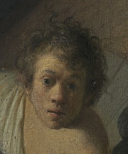 Detail van het schilderij Laat de kinderen tot mij komen, volgens Six een zelfportret van Rembrandt