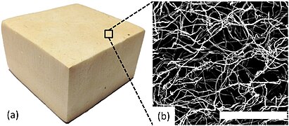 Figure 8: a) shows a block of mycelium biofoam and b) shows a scanning electron microscope image of it.[7]