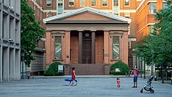 Wunsch Hall, the oldest building on campus, stands in contrast to the more modern buildings of MetroTech Center, including the adjacent Dibner Library NYU Tandon - Church (48228034036).jpg