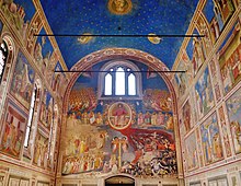 Scrovegni Chapel. The chapel contains a fresco cycle by Giotto, completed about 1305 and considered to be an important masterpiece of Western art. Padova Cappella degli Scrovegni Innen Langhaus West 5.jpg