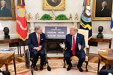 Governor Greg Abbott met with U.S. President Donald Trump in the Oval Office on May 7 to discuss the pandemic. President Trump Meets with the Governor of Texas (49870301296).jpg