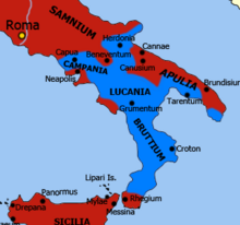 The maximum extent of Carthaginian control c. 213 BC (blue) Second Punic war (cropped).png