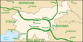 Image 10Map of Slovenia with ancient Roman provinces and cities (as of 100 A.D.) in green and present-day frontiers in grey. (from History of Slovenia)