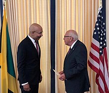 U.S. Ambassador to Jamaica Donald R. Tapia presenting his credentials to Governor-General Sir Patrick Allen, 2019 Sir Patrick Allen with Donald R. Tapia.jpg