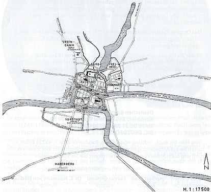 Расположение кенигсбергских поселений Альтштадт, Кнайпхоф и Лёбенихт, 1255 год