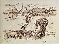 文森·梵谷 - 果園裡掘地的男人(版畫）, 1883年