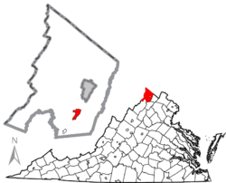 バージニア州におけるフレデリック郡（右図）と同郡におけるスティーブンズシティ町の位置