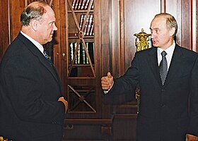 Vladimir Putin with CPRF chief Gennady Zyuganov in the Kremlin. Both have been influential proponents of Neo-Stalinism in post-Soviet Russia. Vladimir Putin with Gennady Zyuganov-1 (cropped).jpg