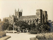The cathedral in 1930. The spires of the southern towers remained unbuilt until 2000 'Hyde Park' RAHS-Osborne Collection (13988442722).jpg