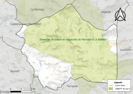 Carte de la ZNIEFF de type 2 sur la commune.