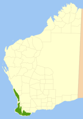 map of Western Australia with green patch along southern west and western south coasts