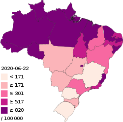 Koronavirustapaukset Brasilian eri alueilla 100000 asukasta kohden.