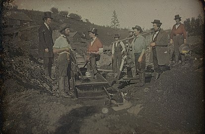 California gold miners with long tom, circa 1850–1852