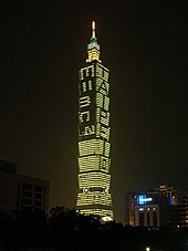 The mass-energy equivalence formula displayed on Taipei 101 in celebration of World Year of Physics 2005 E equals m plus c square at Taipei101.jpg