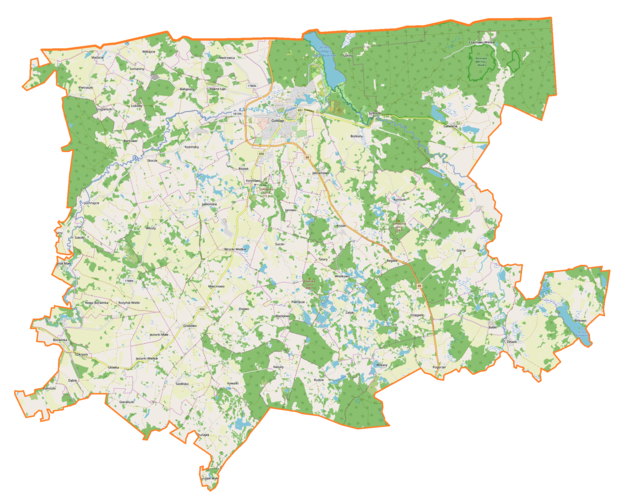 Mapa konturowa gminy Gołdap, u góry znajduje się punkt z opisem „Gołdap”