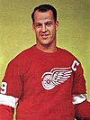 Gordie Howe dressed in the red and white jersey of his longtime National Hockey League team, the Detroit Red Wings