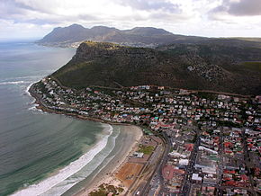 An aerial photograph of Fish Hoek stretching out towards the south.