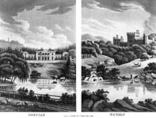 A print exemplifying the contrast between neoclassical vs. romantic styles of landscape and architecture (or the "Grecian" and the "Gothic" as they are termed here), 1816 Grecian-Gothic neoclassical-romantic style-contrast 1816-Repton.jpg