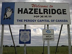 The sign claiming Hazelridge as the perogy capital of Canada