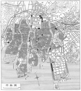 1930年ごろの広島市。京橋川下流から2番目の橋が鶴見橋。