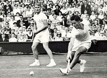 Rosewall (right) and Hoad playing doubles at the Wimbledon Championships in the mid-1950s Hoad Rosewall Wimbledon.jpg