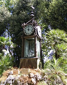 G. B. Embriaco's hydrochronometer in the Villa Borghese gardens, patterned after his original of 1867 in the courtyard of the College of Saint Thomas Hydrochronometer by Embriaco (total view with signs).jpg