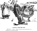 Newspaper cartoon by J. M. Staniforth, Morgan destroys an image of Saint David with a cudgel, Dame Wales looks on in dismay 1899. Date 6 Ionawr 1899