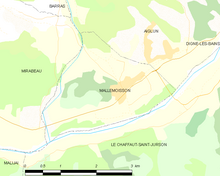 Carte élémentaire montrant les limites de la commune, les communes voisines, les zones de végétation et les routes